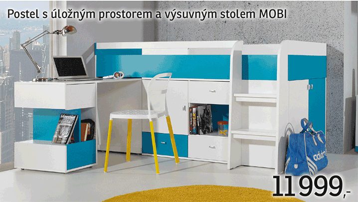 Zvýšená úložná postel s výsuvným stolkem Mobi